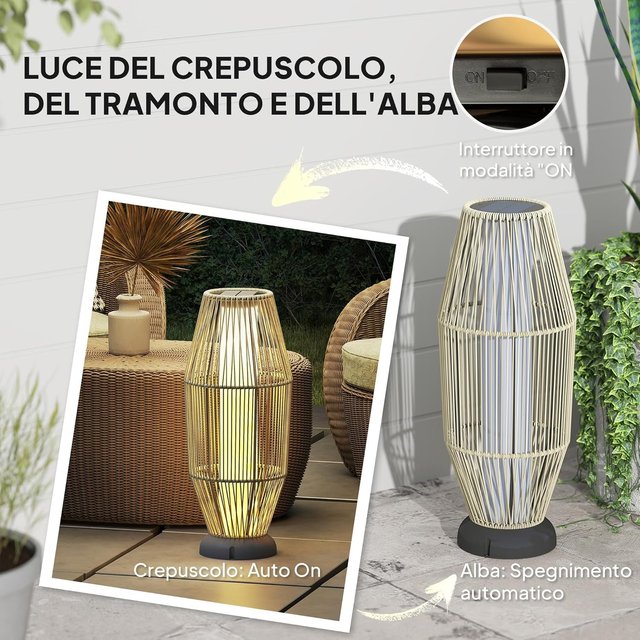 Lámpara Solar De Jardín Con 6H Iluminación LED a 3000K, Lámpara De Exterior en PE Rattan Y Metal, IP44, Ø26X72 Cm, Gris