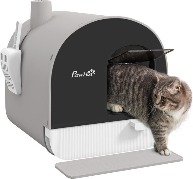 Caja de Arena para Gatos Cerrada, Caseta con Bandeja Extraíble, Paleta, Puerta y Filtros Antiodorantes, Inodoro para Gatos Antideslizante con Alfombrilla, Gris y Negro