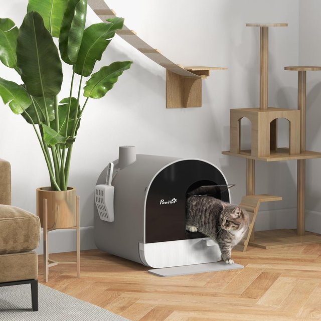 Caja de Arena para Gatos Cerrada, Caseta con Bandeja Extraíble, Paleta, Puerta y Filtros Antiodorantes, Inodoro para Gatos Antideslizante con Alfombrilla, Gris y Negro