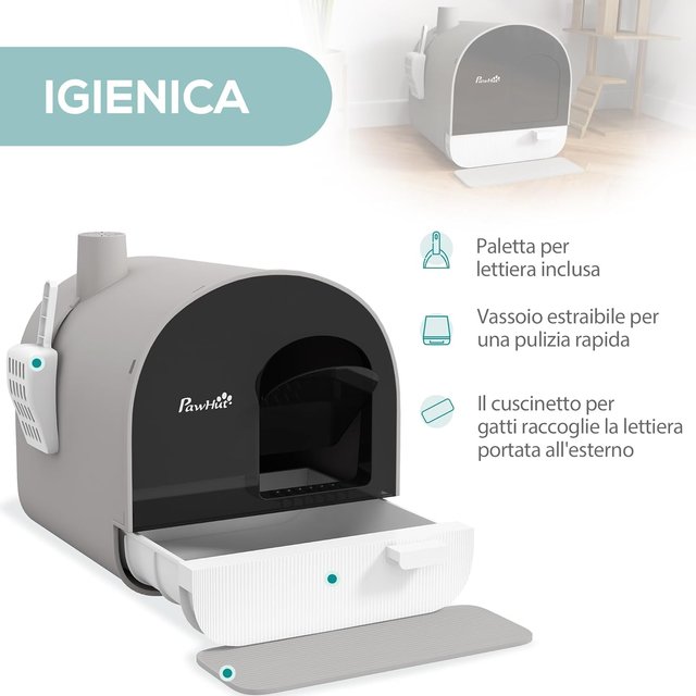 Caja de Arena para Gatos Cerrada, Caseta con Bandeja Extraíble, Paleta, Puerta y Filtros Antiodorantes, Inodoro para Gatos Antideslizante con Alfombrilla, Gris y Negro
