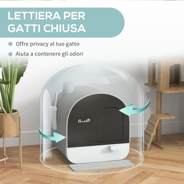 Caja de Arena para Gatos Cerrada, Caseta con Bandeja Extraíble, Paleta, Puerta y Filtros Antiodorantes, Inodoro para Gatos Antideslizante con Alfombrilla, Gris y Negro