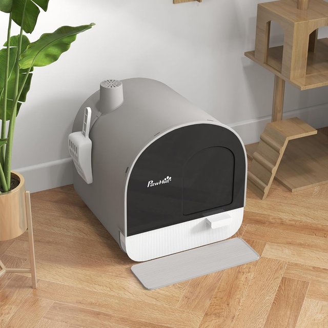 Caja de Arena para Gatos Cerrada, Caseta con Bandeja Extraíble, Paleta, Puerta y Filtros Antiodorantes, Inodoro para Gatos Antideslizante con Alfombrilla, Gris y Negro