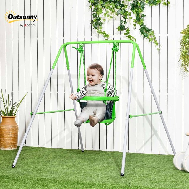 Columpio para Niños de 6-36 Meses para Jardín y Sala de Estar en Acero y PE con Asiento y Arnés de Seguridad, 122X146X122 Cm, Verde