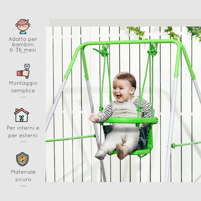 Columpio para Niños de 6-36 Meses para Jardín y Sala de Estar en Acero y PE con Asiento y Arnés de Seguridad, 122X146X122 Cm, Verde
