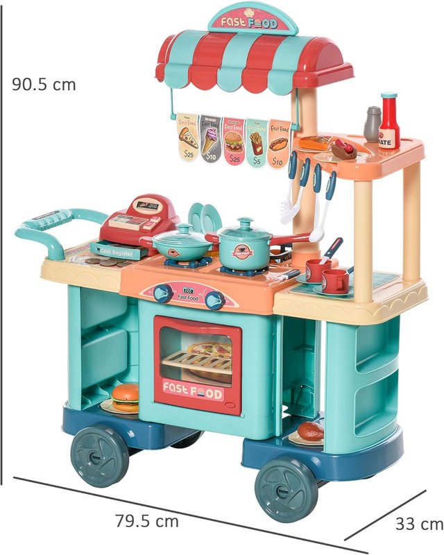 Cocina de Juguete para Niños de 3 a 6 Años, Cafetería Restaurante con 50 Accesorios Incluidos, 79.5 X 33 X 90.5Cm