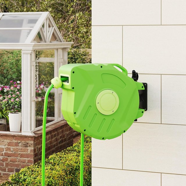 Carrete de Manguera de Jardín Retráctil con Manguera de Agua de 15 m, Carrete de Manguera de Pared Giratorio a 180°, Carrete de Manguera Automático para Riego en Plástico, Verde