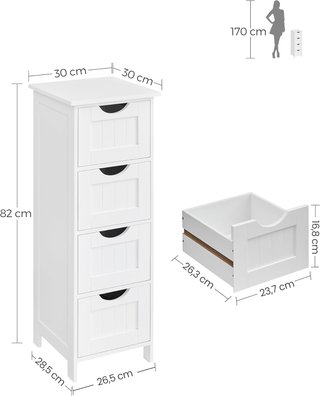 Mueble De Baño, Cajonera, Armario Independiente, Con 4 Cajones, 30 X 30 X 82 Cm, Para Baño, Sala De Estar, Comedor, Cocina, Estilo Moderno, Blanco LHC40W