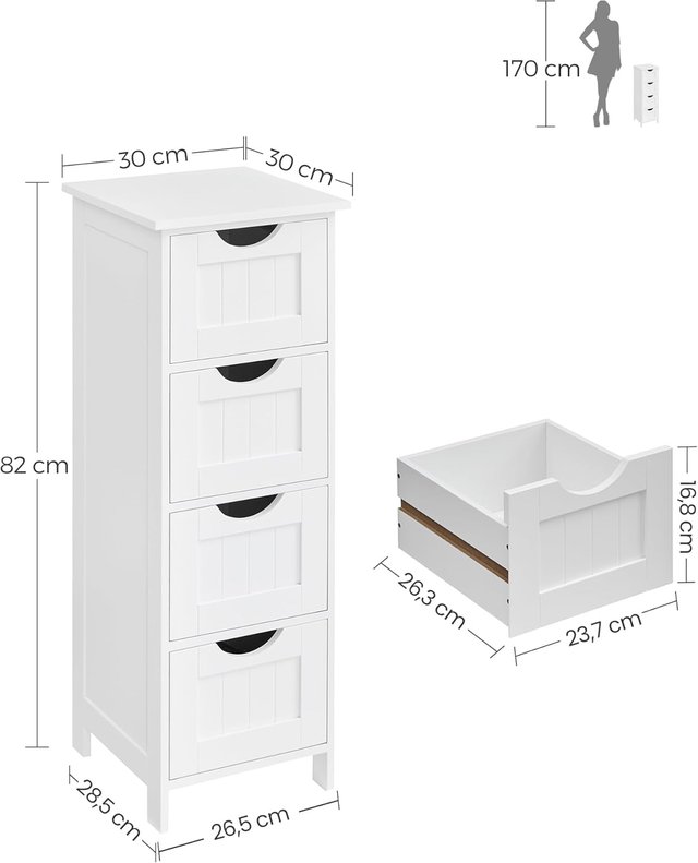 Mueble De Baño, Cajonera, Armario Independiente, Con 4 Cajones, 30 X 30 X 82 Cm, Para Baño, Sala De Estar, Comedor, Cocina, Estilo Moderno, Blanco LHC40W
