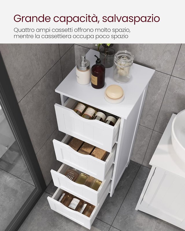Mueble De Baño, Cajonera, Armario Independiente, Con 4 Cajones, 30 X 30 X 82 Cm, Para Baño, Sala De Estar, Comedor, Cocina, Estilo Moderno, Blanco LHC40W