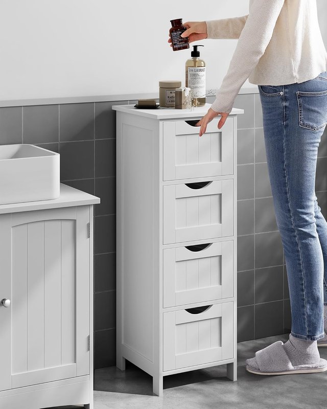 Mueble De Baño, Cajonera, Armario Independiente, Con 4 Cajones, 30 X 30 X 82 Cm, Para Baño, Sala De Estar, Comedor, Cocina, Estilo Moderno, Blanco LHC40W