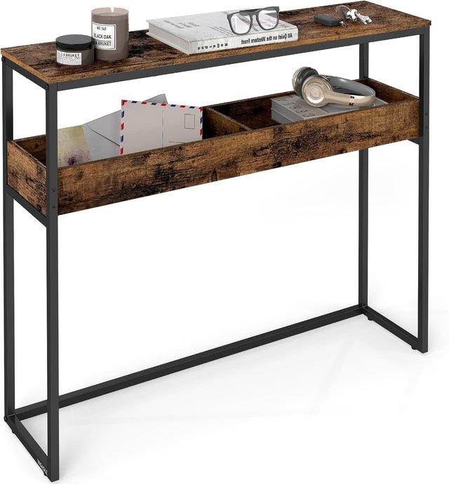 Mesa Consola de 2 Niveles, Mesa de Entrada Estrecha, Con Compartimentos Semi-Abiertos, 24 X 100 X 80 Cm, para Entrada, Sala de Estar, Marrón Vintage y Negro Tinta LNT091K01