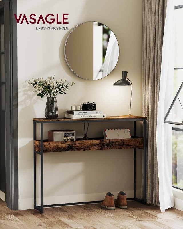 Mesa Consola de 2 Niveles, Mesa de Entrada Estrecha, Con Compartimentos Semi-Abiertos, 24 X 100 X 80 Cm, para Entrada, Sala de Estar, Marrón Vintage y Negro Tinta LNT091K01