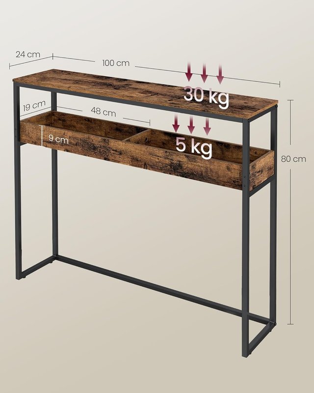 Mesa Consola de 2 Niveles, Mesa de Entrada Estrecha, Con Compartimentos Semi-Abiertos, 24 X 100 X 80 Cm, para Entrada, Sala de Estar, Marrón Vintage y Negro Tinta LNT091K01