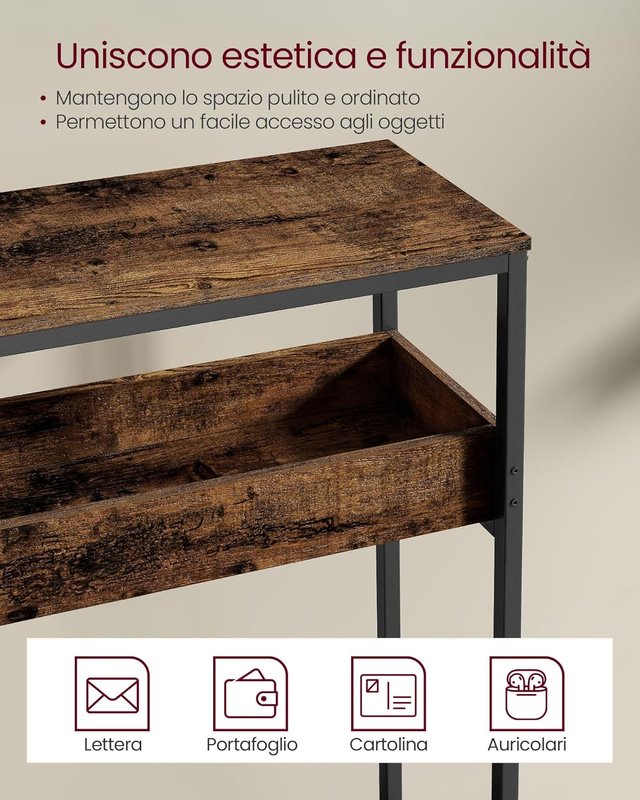Mesa Consola de 2 Niveles, Mesa de Entrada Estrecha, Con Compartimentos Semi-Abiertos, 24 X 100 X 80 Cm, para Entrada, Sala de Estar, Marrón Vintage y Negro Tinta LNT091K01