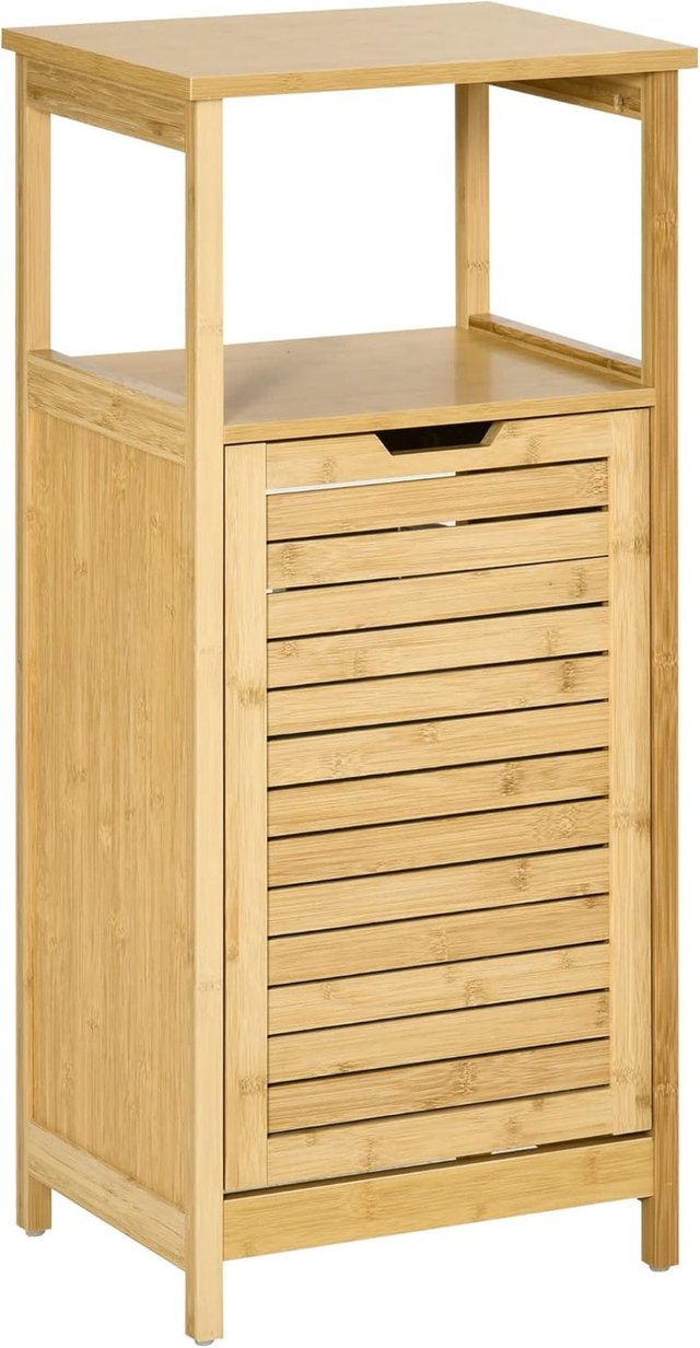 Mueble de Baño con Cesto Multifuncional para Ropa y Juguetes, Mueble para Ropa de Baño en MDF y Bambú, 40X30X86.5Cm, Color Natural