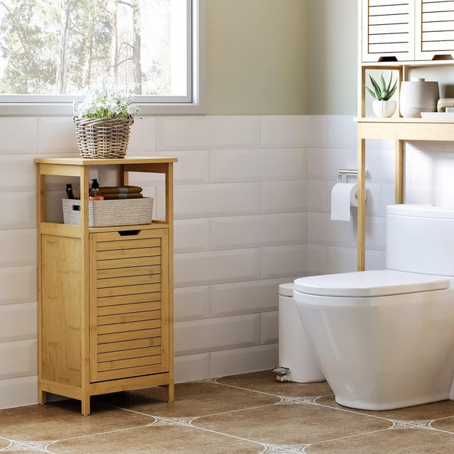 Mueble de Baño con Cesto Multifuncional para Ropa y Juguetes, Mueble para Ropa de Baño en MDF y Bambú, 40X30X86.5Cm, Color Natural