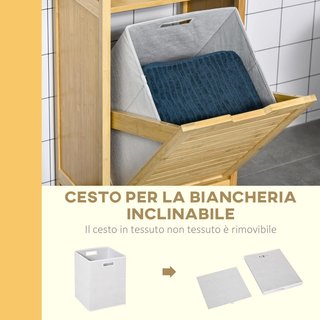 Mueble de Baño con Cesto Multifuncional para Ropa y Juguetes, Mueble para Ropa de Baño en MDF y Bambú, 40X30X86.5Cm, Color Natural