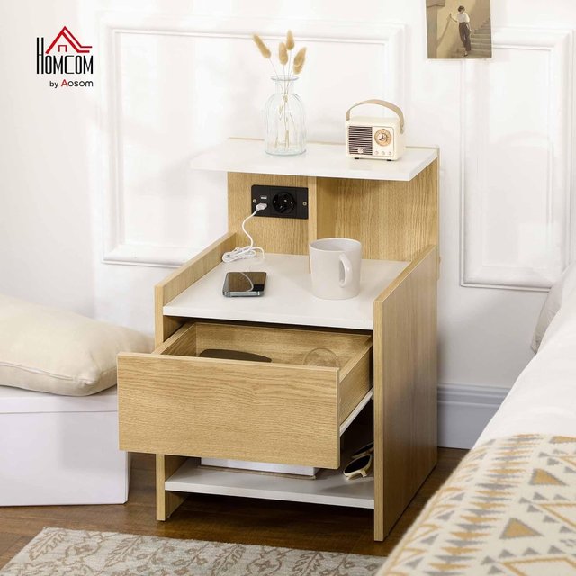 Mesita Moderna de Madera, Mesita Con 2 Tomas de Corriente y Puertos USB, Con Cajón, Madera de Partículas, Para Dormitorio, 40X40X60Cm, Color Madera