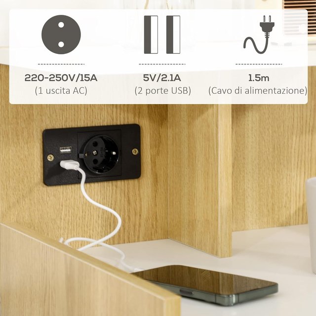 Mesita Moderna de Madera, Mesita Con 2 Tomas de Corriente y Puertos USB, Con Cajón, Madera de Partículas, Para Dormitorio, 40X40X60Cm, Color Madera