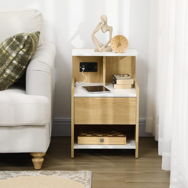 Mesita Moderna de Madera, Mesita Con 2 Tomas de Corriente y Puertos USB, Con Cajón, Madera de Partículas, Para Dormitorio, 40X40X60Cm, Color Madera