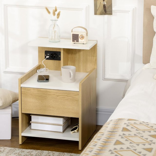 Mesita Moderna de Madera, Mesita Con 2 Tomas de Corriente y Puertos USB, Con Cajón, Madera de Partículas, Para Dormitorio, 40X40X60Cm, Color Madera