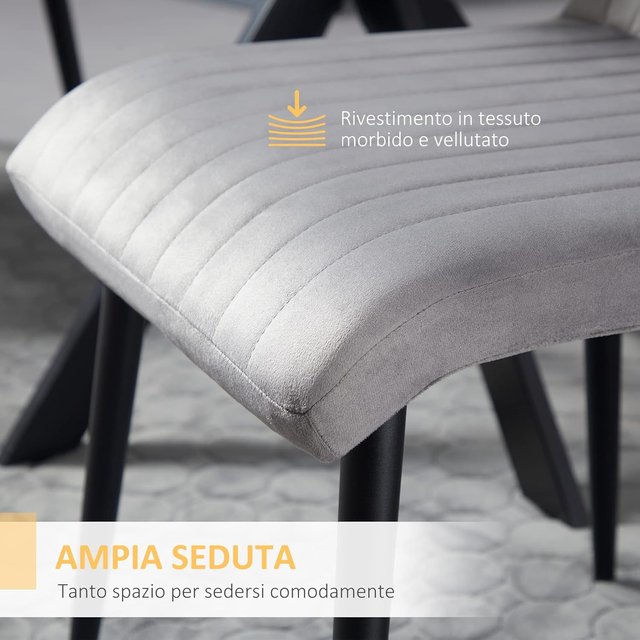 Set de 2 Sillas de Comedor Tapizadas en Tejido Efecto Terciopelo, Sillas de Cocina con Patas de Acero y Diseño Ahorra Espacio, 43X58X90 Cm, Gris y Negro