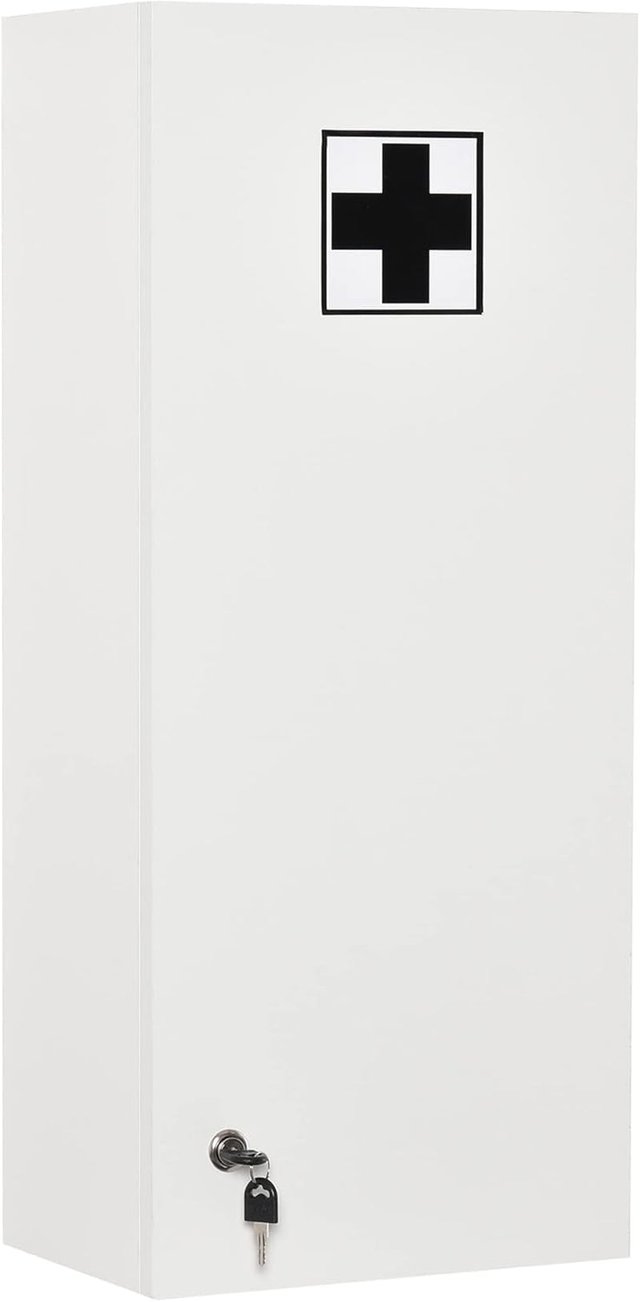Armario de Medicamentos de Pared con Cerradura, 5 Estantes y Estantes Ajustables, de Madera y Vidrio, Blanco, 30X20X70Cm