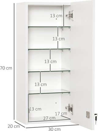 Armario de Medicamentos de Pared con Cerradura, 5 Estantes y Estantes Ajustables, de Madera y Vidrio, Blanco, 30X20X70Cm
