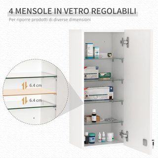 Armario de Medicamentos de Pared con Cerradura, 5 Estantes y Estantes Ajustables, de Madera y Vidrio, Blanco, 30X20X70Cm