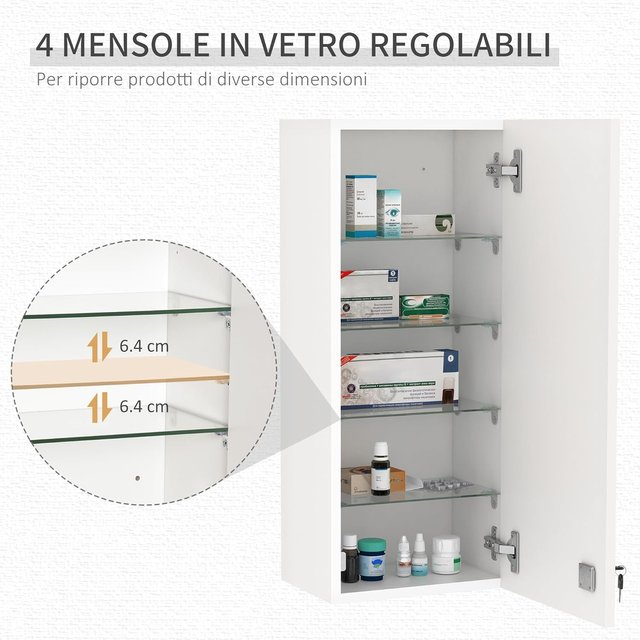 Armario de Medicamentos de Pared con Cerradura, 5 Estantes y Estantes Ajustables, de Madera y Vidrio, Blanco, 30X20X70Cm