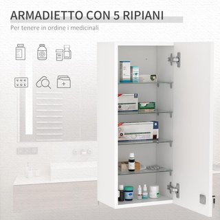 Armario de Medicamentos de Pared con Cerradura, 5 Estantes y Estantes Ajustables, de Madera y Vidrio, Blanco, 30X20X70Cm