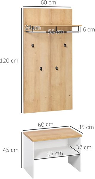 Mueble De Entrada Con Zapatero Bajo, Banco Y Perchero De 4 Ganchos, Perchero De Entrada En Aglomerado Y Acero, 60X28X120 Cm
