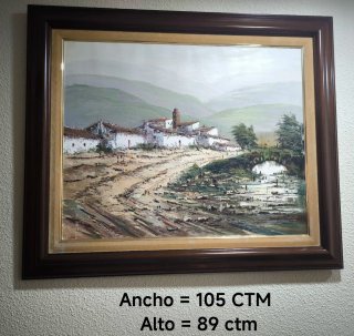 Cuadro paisaje pueblo puente río