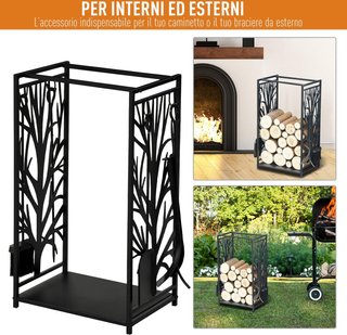 Portalegna para Chimenea de Acero y Antioxidante, Porta Leña para Interiores y Exteriores con Diseño Elegante y 4 Herramientas, 46X30X70 Cm, Negro