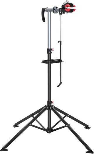 HOMCOM Soporte Plegable para Reparación de Bicicletas, Soporte de Mantenimiento para Bicicletas Giratorio a 360° con Bandeja para Herramientas, Altura Ajustable 109-180Cm, Negro