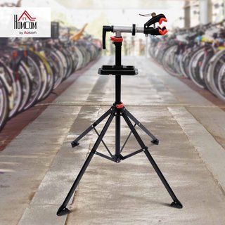 HOMCOM Soporte Plegable para Reparación de Bicicletas, Soporte de Mantenimiento para Bicicletas Giratorio a 360° con Bandeja para Herramientas, Altura Ajustable 109-180Cm, Negro