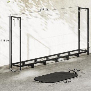 Leñera Exterior de Acero, Soporte de Leña Exterior con Bolsa de Transporte, Estructura Ajustable y Cadenas de Metal, Soporte de Leña Elevado, 0.8M³, 235X31X116 Cm, Negro