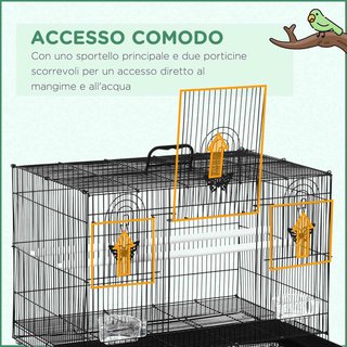 Jaula para Aves con 2 Perchas y 3 Entradas, Voladera Jaulita para Pajaritos con Bandeja y 2 Contenedores para Comida, de Alambre Metálico y Plástico, 60X41X41 Cm, Negro