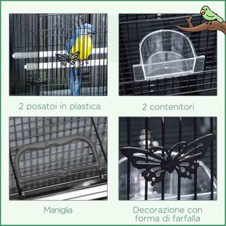Jaula para Aves con 2 Perchas y 3 Entradas, Voladera Jaulita para Pajaritos con Bandeja y 2 Contenedores para Comida, de Alambre Metálico y Plástico, 60X41X41 Cm, Negro