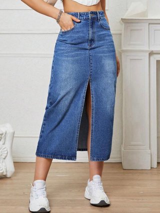 Falda denim larga con abertura