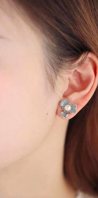 Pendientes Flor Perla Azul y Plata