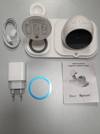 Cargador Inalámbrico 6 en 1, altavoz, reloj, luz