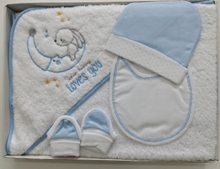 Conjunto capa baño bebé azul y blanco