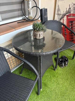 Mesa y 2 Sillas Terraza Mimbre y Cristal