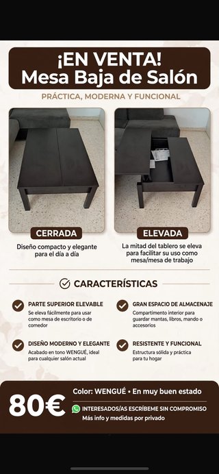 Mesa Baja Salón Elevable Wengué