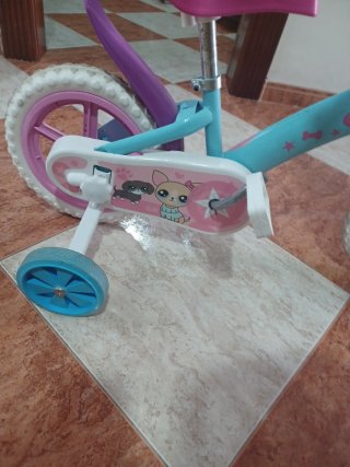 Bicicleta infantil azul y rosa con ruedines
