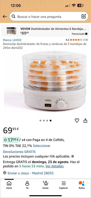 Deshidratador de alimentos LIVOO 5 bandejas