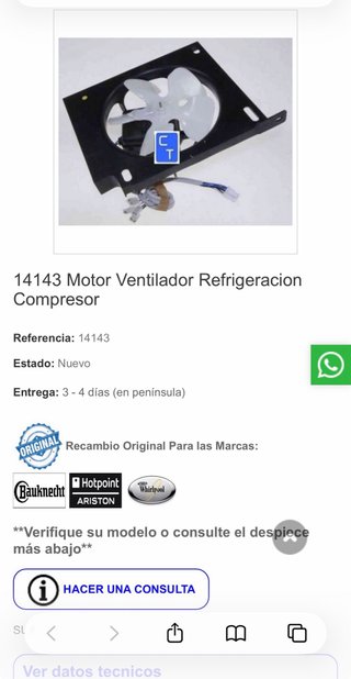 Ventilador Nevera Whirlpool Hotpoint Original