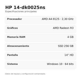 HP 14-dk0025ns SSD 256GB 4GB RAM Blanco