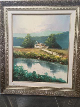 Cuadro paisaje río y casa autor desconocido